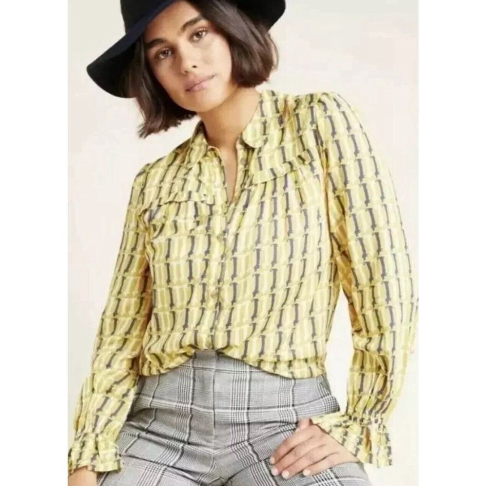 Anthropologie Yellow Geometric Ruffle-Front Blouse